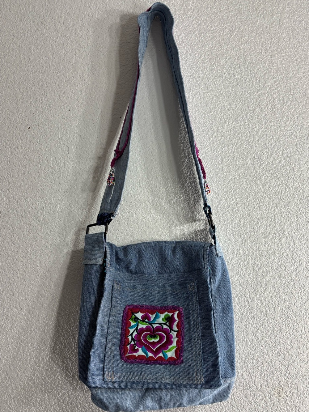 Denim Handmade Blue Crossbody Bag Embroidered Accents DIY Levis Jeans Purse Y2K